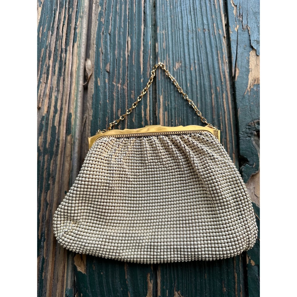 Whiting & Davis Vintage Cream Mesh Evening Bag Gold Frame Chain Strap vtg